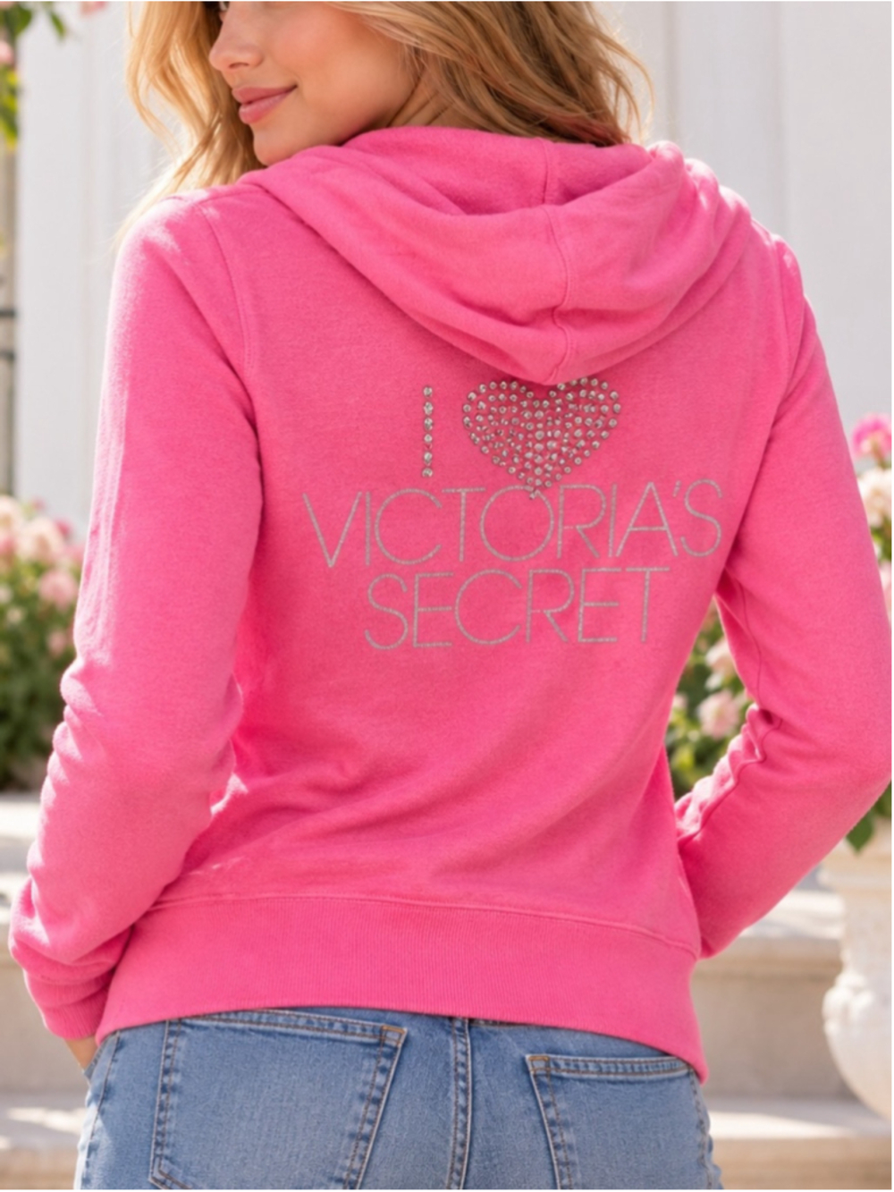 Victoria’s Secret Supermodel Essentials Y2K Bling Pink Rhinestone Hoodie L